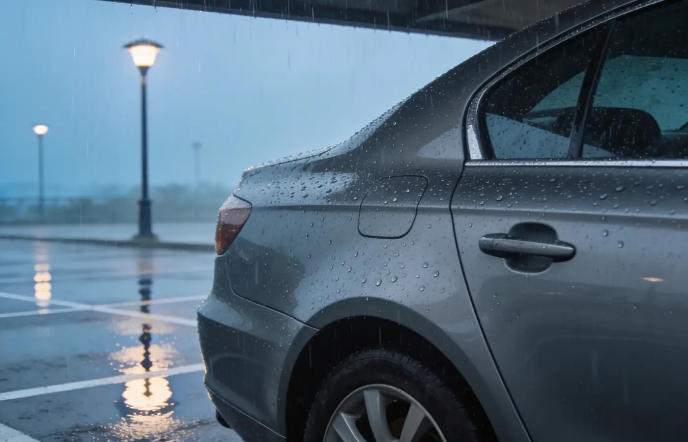 Berline garée sous la pluie sur un parking