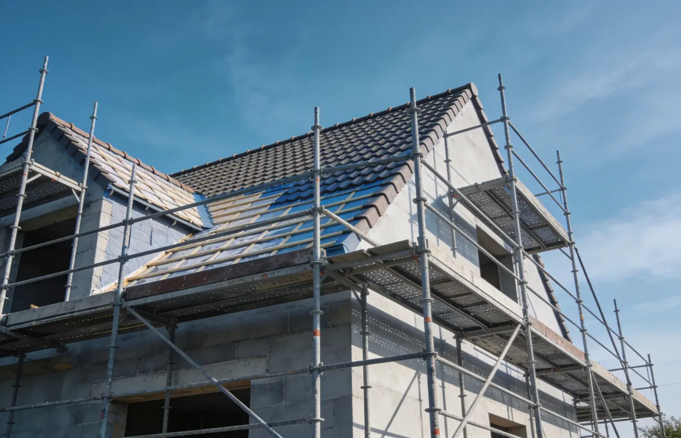 Maison individuelle en construction avec échafaudages