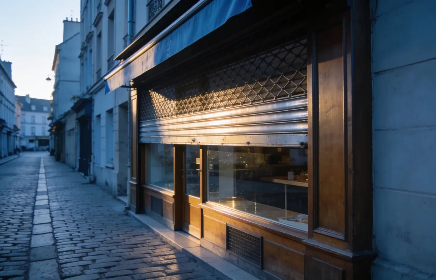 Devanture d'un commerce de centre-ville au petit matin