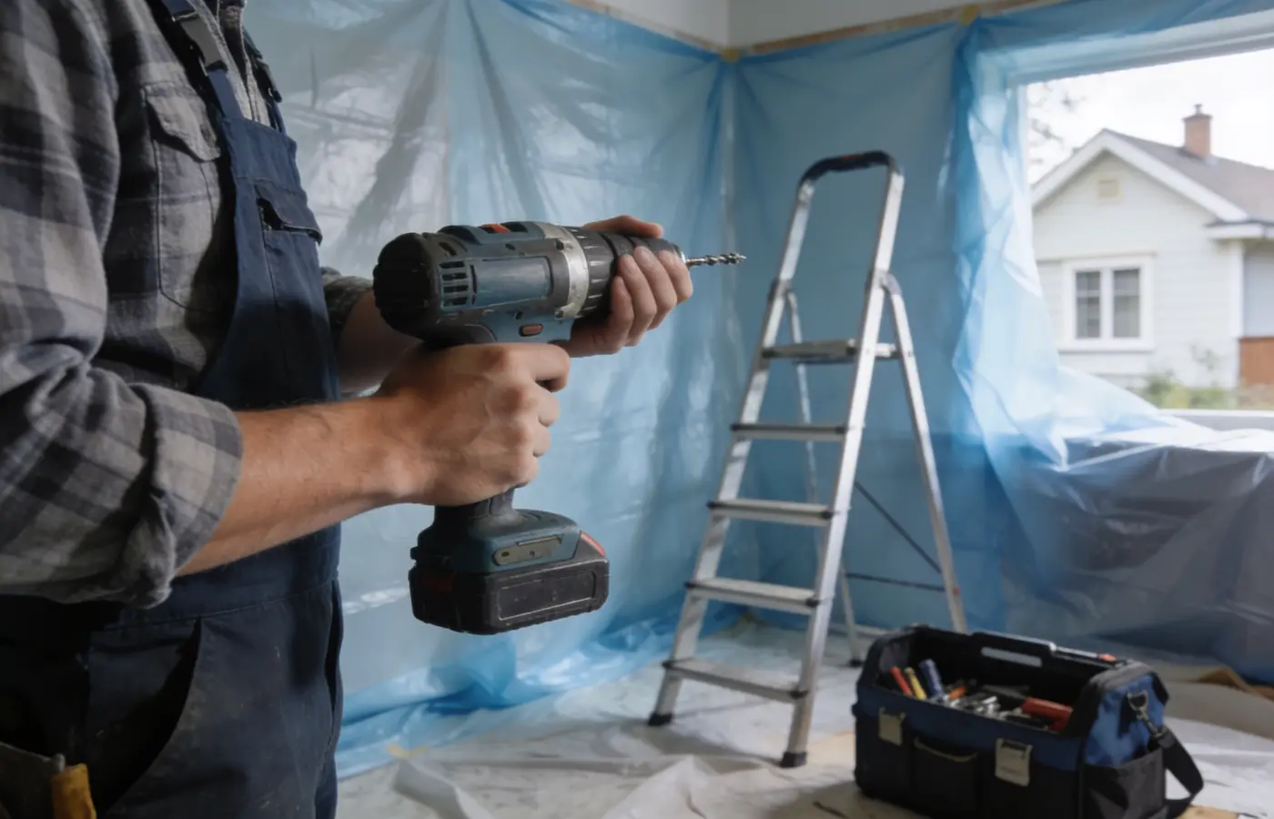 Artisan au travail chez un client, intérieur protégé par des bâches